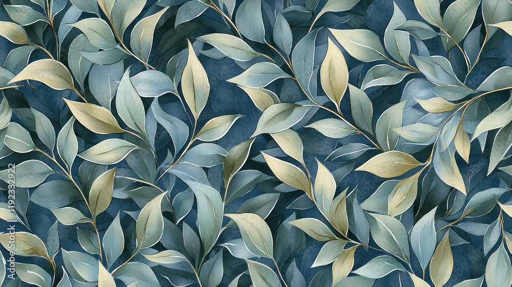 Elegant Teal and Gold Leaf Pattern: A Serene Watercolor Botanical Illustration Elegant Teal and Gold Leaf Pattern: A Serene Watercolor Botanical Illustration