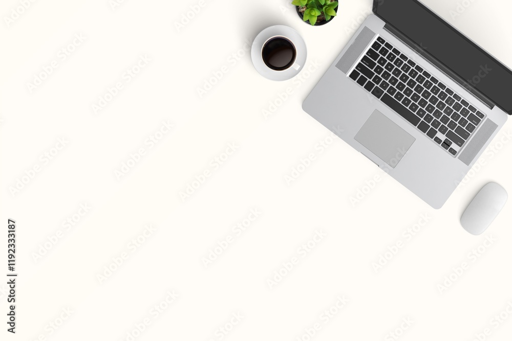 Modern workspace with copy space on white color background. Top view with copy space. Flat lay style.