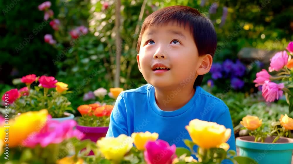 Child admires colorful flowers in a vibrant garden filled with blooming roses on a sunny day Child admires colorful flowers in a vibrant garden filled with blooming roses on a sunny day