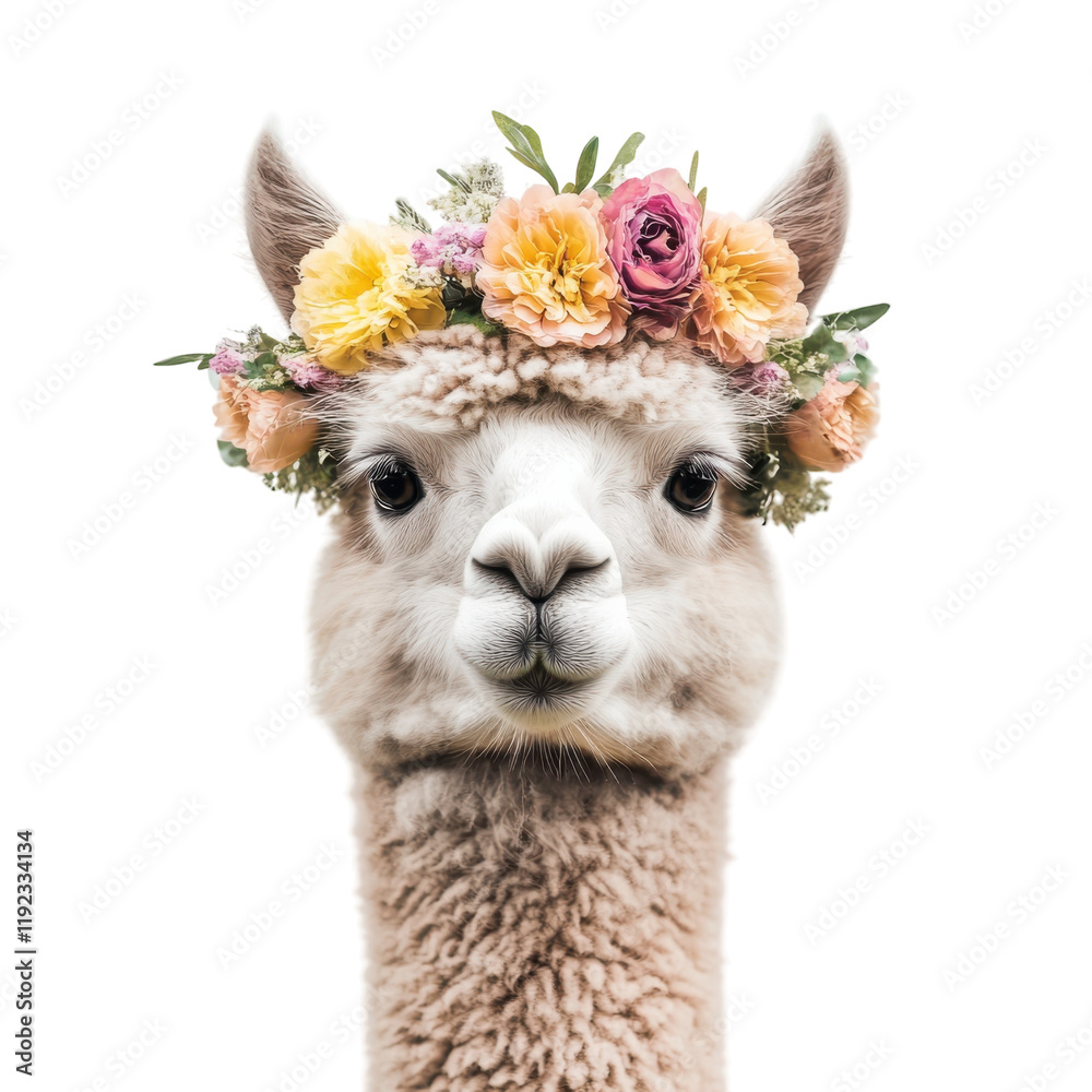 Obraz premium Adorable Alpaca in Flower Crown on transparent background.