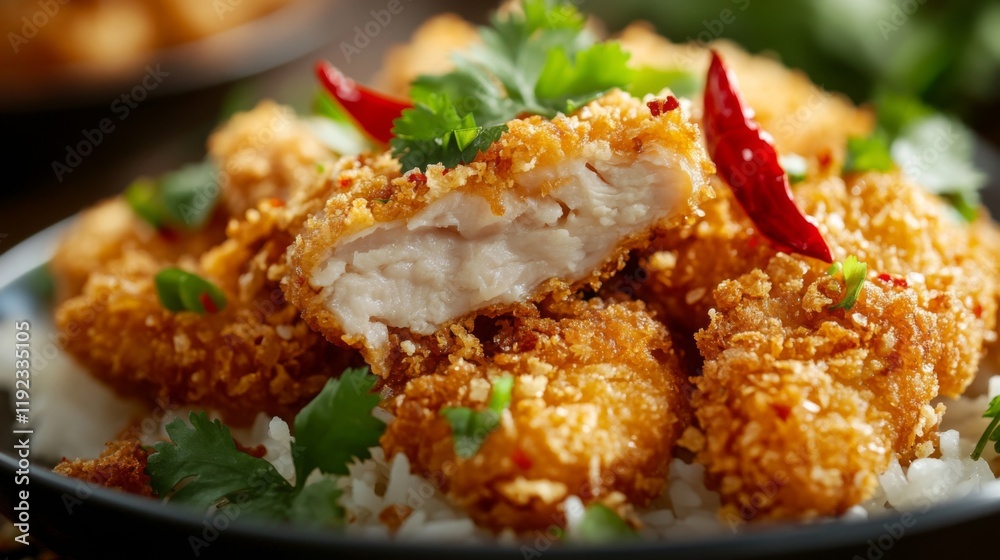 A close-up of a plate of crispy fried chicken with tender white rice, garnished with fresh coriander and chili slices, creating a comforting, warm food scene A close-up of a plate of crispy fried chicken with tender white rice, garnished with fresh coriander and chili slices, creating a comforting, warm food scene