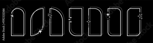 Modern decorative aesthetic arches minimalist design, Vector elements linear frames with stars on a black background.