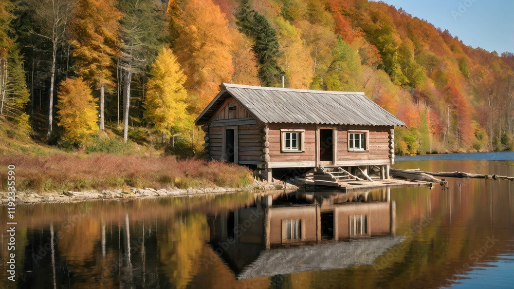 The autumn scene depicts a cozy wooden hut located on the shore of a calm lake. Around the house are trees with golden and bright red leaves. The autumn scene depicts a cozy wooden hut located on the shore of a calm lake. Around the house are trees with golden and bright red leaves.