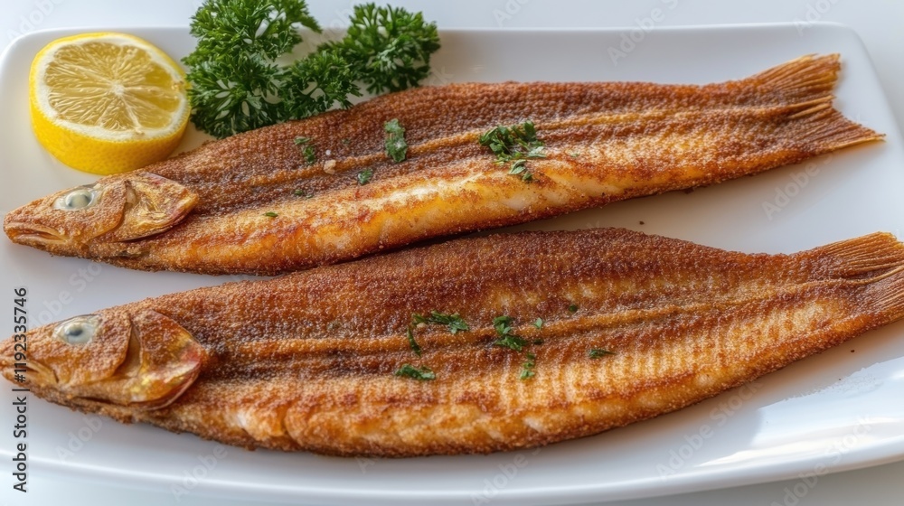 Crispy Fried Fish Served with Lemon and Fresh Herbs on White Plate Crispy Fried Fish Served with Lemon and Fresh Herbs on White Plate