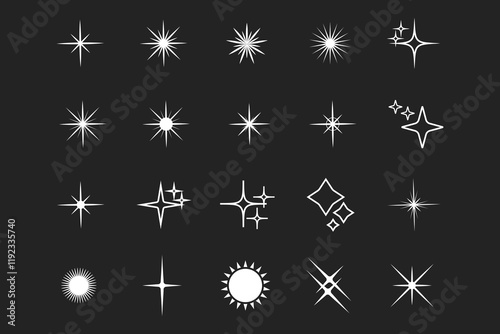 Star shape flash silhouette set, Collection of twinkling stars and sun rays decorative symbols for design. Vector icons y2k style basic shapes geometric graphic elements.