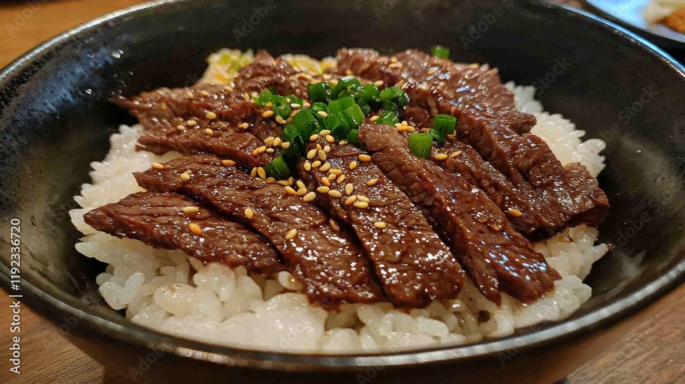 A close-up of beef slices arranged neatly on a bowl of white rice, drenched in a savory sauce with a sprinkle of sesame seeds and green onions, highlighting the textures A close-up of beef slices arranged neatly on a bowl of white rice, drenched in a savory sauce with a sprinkle of sesame seeds and green onions, highlighting the textures