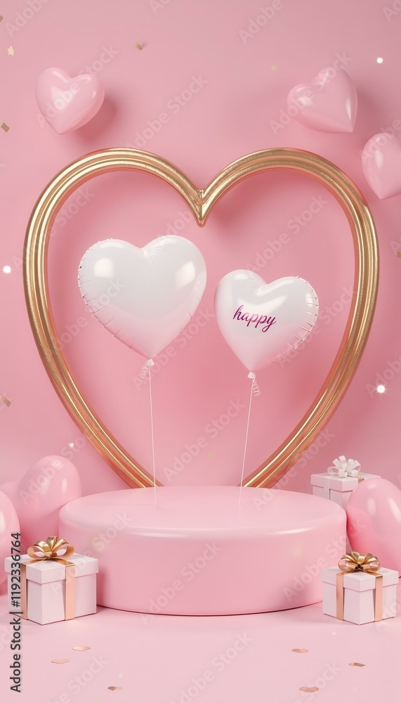 Pink platform with two heart shaped balloons, presents, confetti and golden heart arch, Valentine's Day Pink platform with two heart shaped balloons, presents, confetti and golden heart arch, Valentine's Day