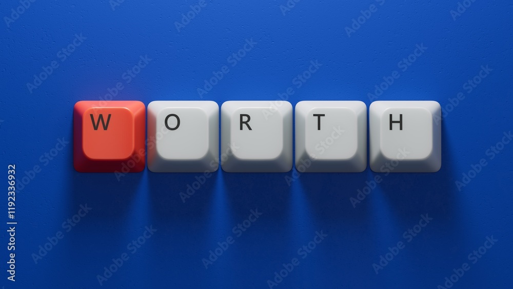 Computer keyboard keys with WORTH business word. Mission, Vision and core values concept.3D rendering on red background. Computer keyboard keys with WORTH business word. Mission, Vision and core values concept.3D rendering on red background.