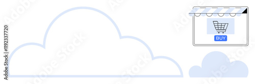 Shopping cart in store window above cloud symbolizing online shopping, e-commerce solutions. Ideal for digital marketing, online business, cloud computing, internet services, technology, retail