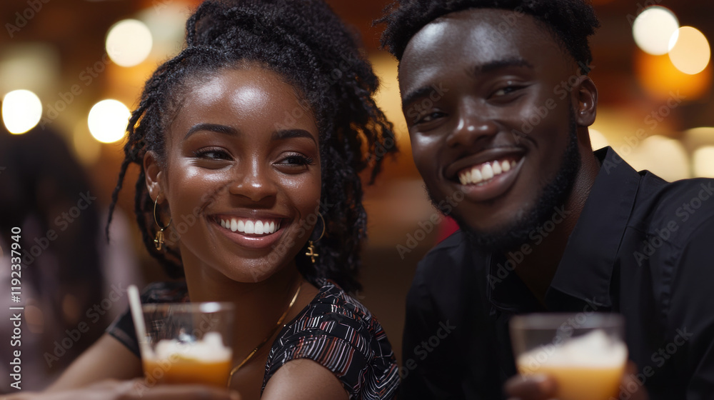 Smiling couple enjoying drinks in lively evening setting Smiling couple enjoying drinks in lively evening setting