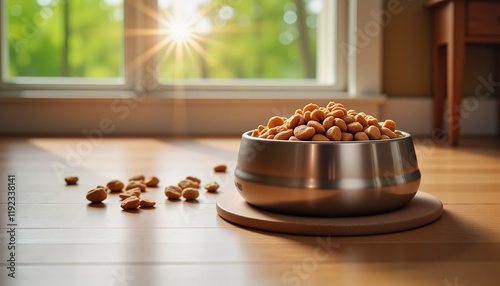 Wallpaper Mural Pet food bowl filled with kibble on a wooden floor with warm, natural light creating a cozy atmosphere Torontodigital.ca