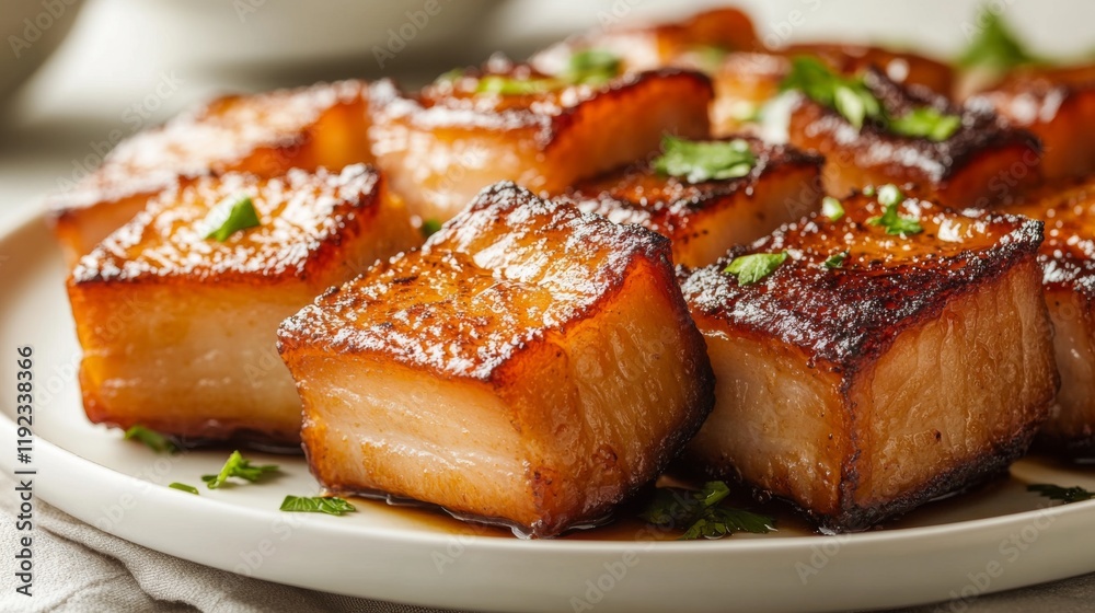 A close-up of sizzling fried pork belly pieces with a glistening layer of fish sauce, placed on a white plate with a light garnish of herbs and a soft, blurred background A close-up of sizzling fried pork belly pieces with a glistening layer of fish sauce, placed on a white plate with a light garnish of herbs and a soft, blurred background