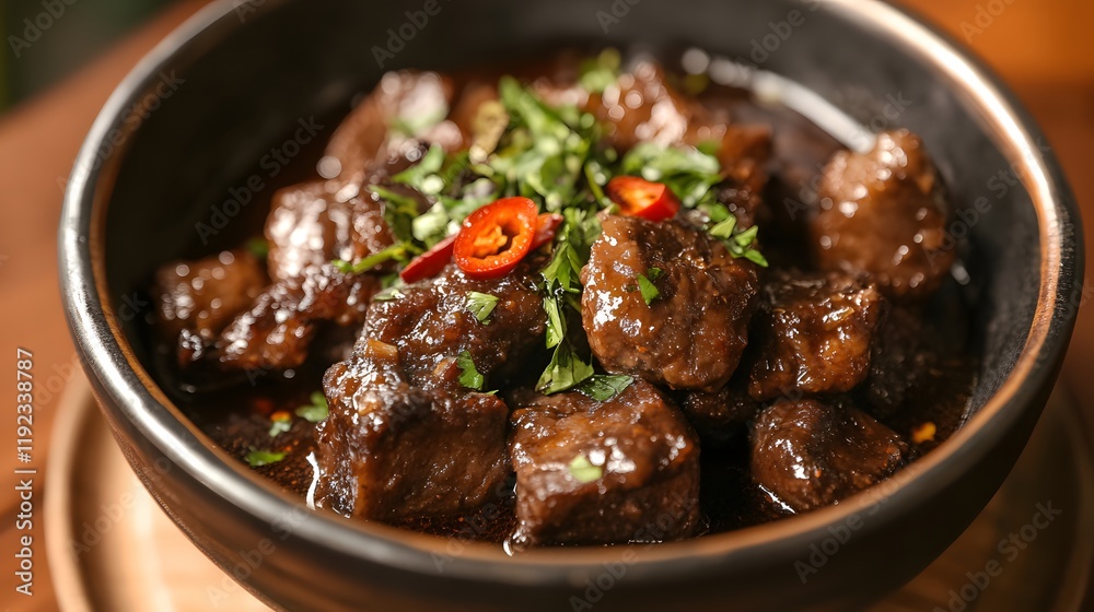 Braised Beef Cubes in Rich Savory Sauce Garnished with Herbs Braised Beef Cubes in Rich Savory Sauce Garnished with Herbs