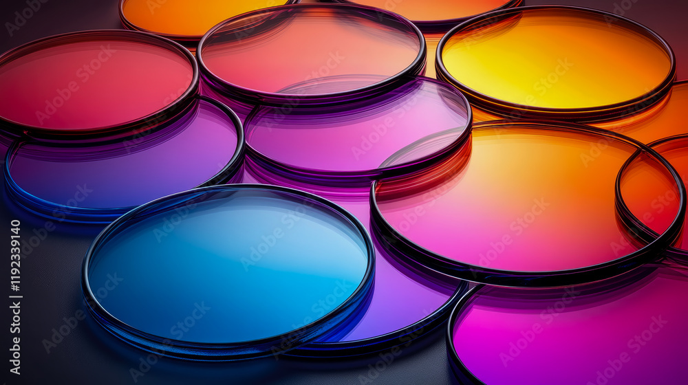 Obraz premium Abstract Composition of Colorful Glass Discs: A vibrant and modern artwork featuring overlapping circles of various hues and gradients, creating a dynamic visual interplay of color and form.