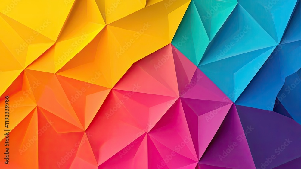 Fototapeta premium Triangle abstract background idea. Vibrant geometric pattern showcasing a spectrum of bright colors in a modern design.