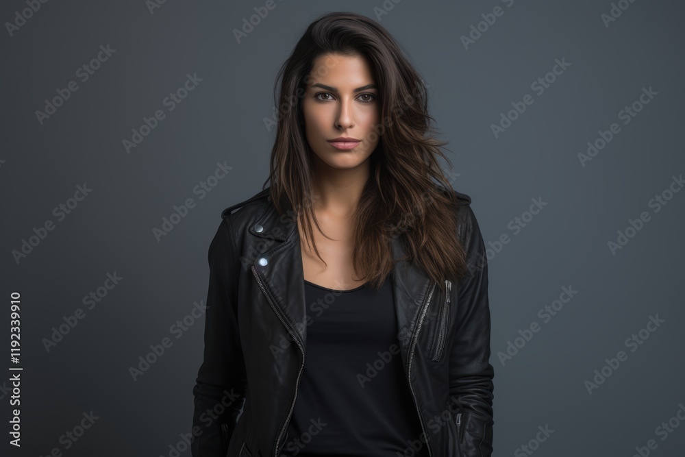 Obraz premium A woman in a black leather jacket stands in front of a gray background