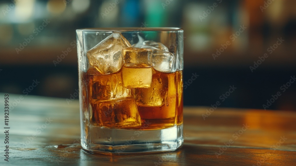 A cold glass of beer filled with ice cubes, condensation dripping down the sides, placed on a wooden surface with soft lighting highlighting the refreshing look A cold glass of beer filled with ice cubes, condensation dripping down the sides, placed on a wooden surface with soft lighting highlighting the refreshing look