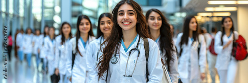 Group of medical students walking confidently in hospital