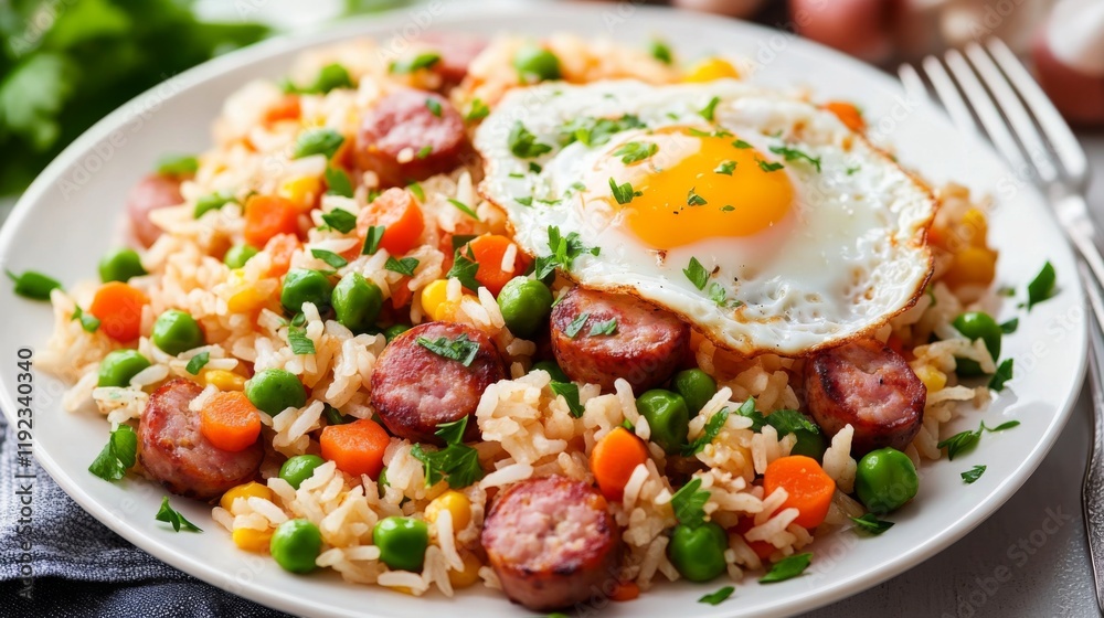 A colorful serving of American fried rice with chunks of sausage, peas, and carrots, garnished with a fried egg and fresh parsley on a white plate A colorful serving of American fried rice with chunks of sausage, peas, and carrots, garnished with a fried egg and fresh parsley on a white plate