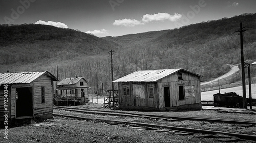 Abandoned mining village nestled in the mountains showcasing old structures and railway tracks