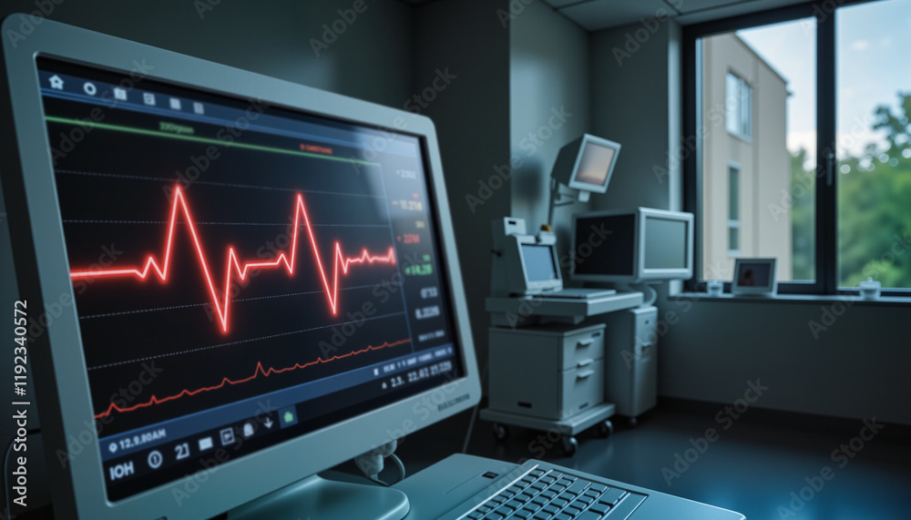 Heartbeat monitor in a clinical environment displaying steady readings with soft lighting and equipment
