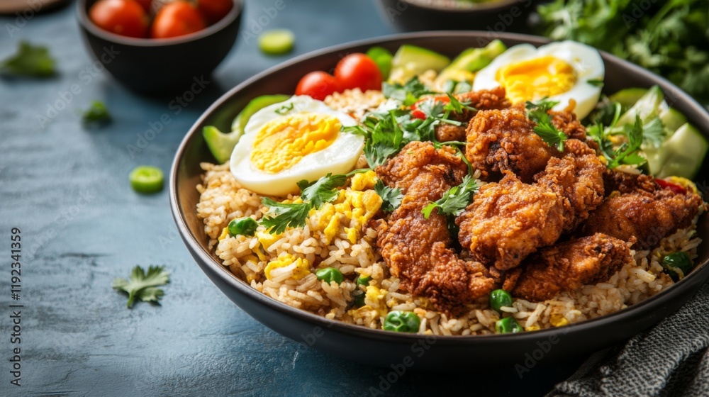 A delicious serving of American fried rice with golden-brown fried chicken, scrambled eggs, and garnished with fresh herbs and vegetables on the side A delicious serving of American fried rice with golden-brown fried chicken, scrambled eggs, and garnished with fresh herbs and vegetables on the side