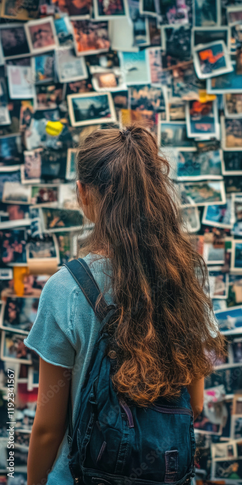 Obraz premium woman with backpack looks at photo collage wall