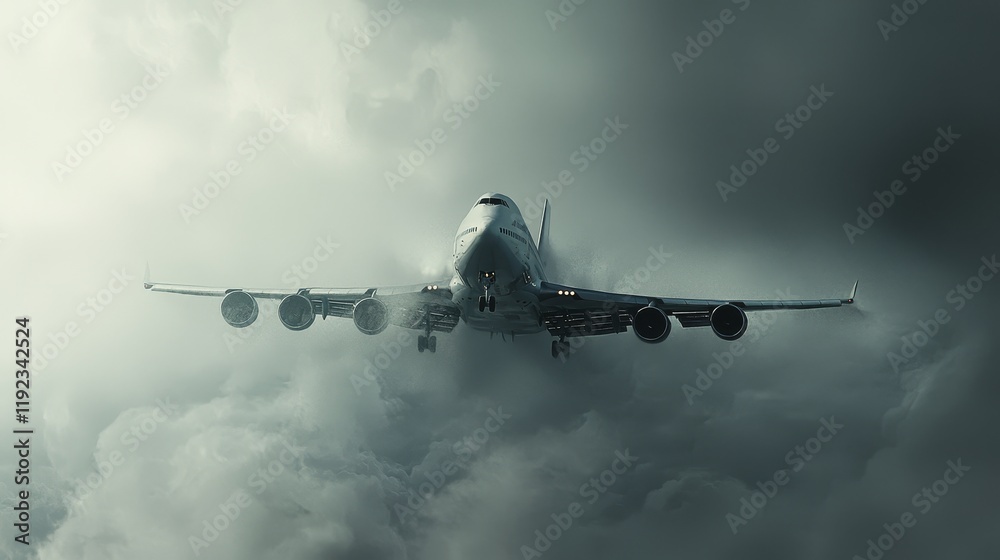 Airplane Flying Through Dramatic Clouds in Overcast Sky Airplane Flying Through Dramatic Clouds in Overcast Sky