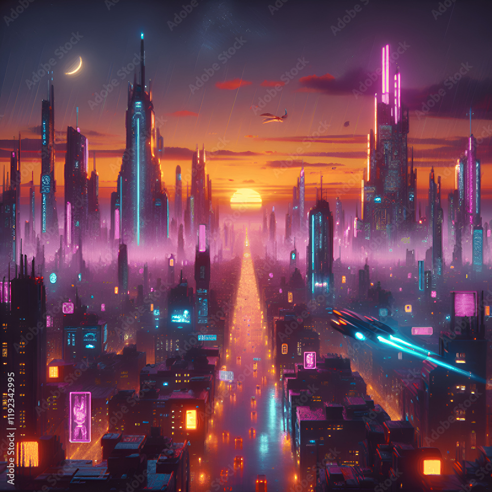 Fototapeta premium Cyberpunk Cityscape at Dusk