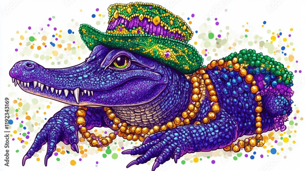 Obraz premium Colorful alligator with beads and hat in mardi gras theme. Mardi Gras, Fat Tuesday, Carnival Season. Bright Parades, Masks, Festive Costumes, Vibrant Atmosphere