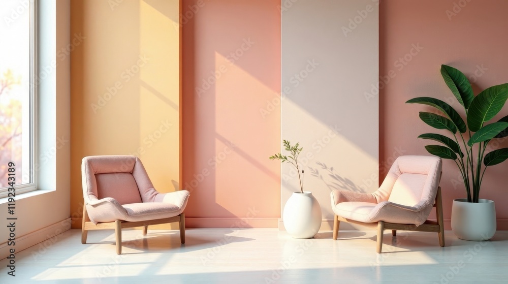 Fototapeta premium Serene Living Room with Pastel Pink Armchairs and Natural Sunlight