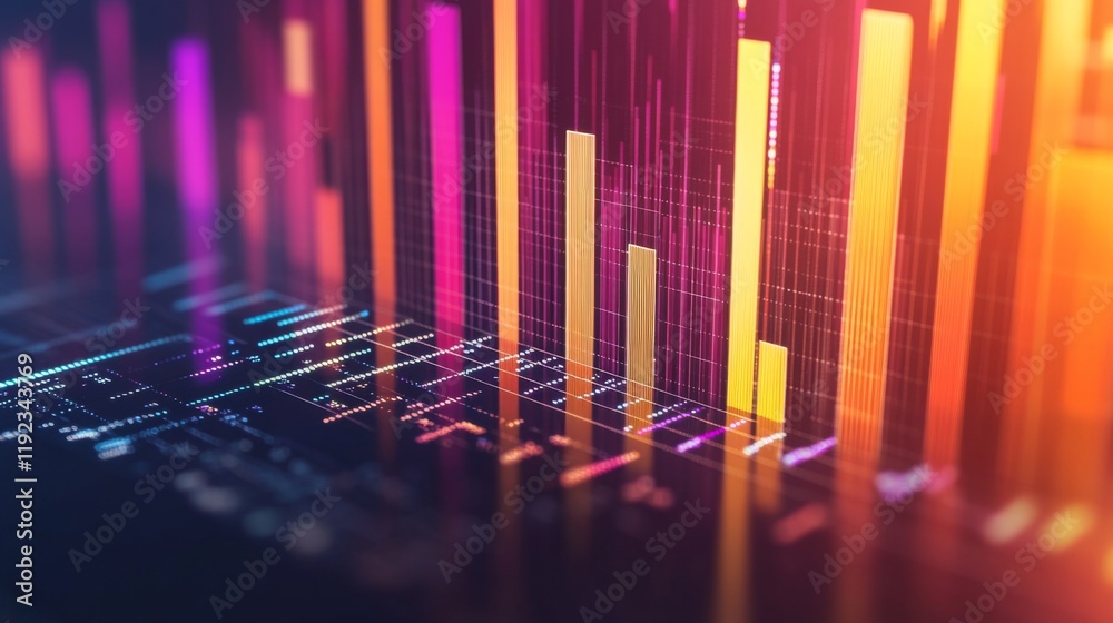 A financial bar graph on a laptop screen with clear, vibrant bars in different colors, depicting market performance data for analysis A financial bar graph on a laptop screen with clear, vibrant bars in different colors, depicting market performance data for analysis