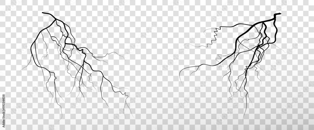 Obraz premium Realistic lightning flash effect, thunderstorm and lightning. Shining white lightning isolated on transparent background, natural phenomenon png. Black lightning.