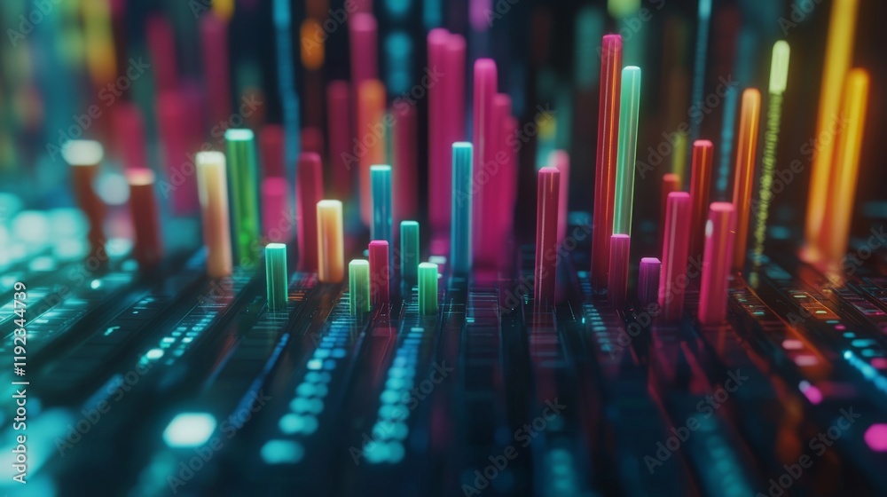 A futuristic D bar graph with colorful, glowing bars rising on a digital screen, showcasing financial growth and performance over time