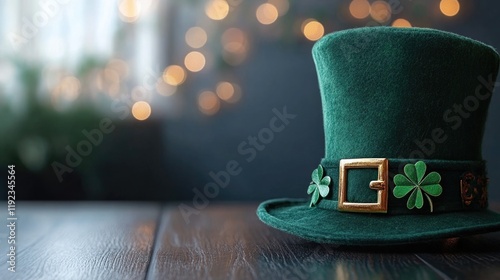 Green leprechaun hat with shamrocks on wooden table with bokeh lights. Saint Patrick's Day, St Paddy's Day, St Patty's Day - Irish National Holiday and Cultural Celebration photo