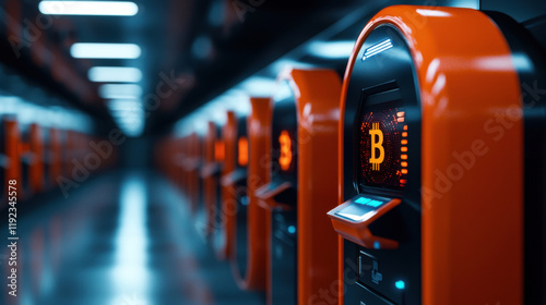 Futuristic Bitcoin ATMs glowing in modern setting, showcasing technology