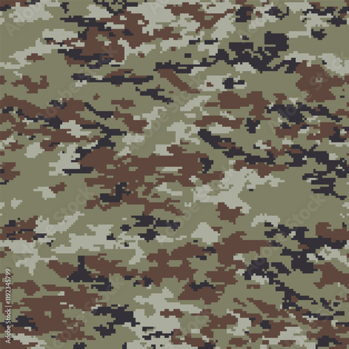Woodland camouflage seamless pattern incorporating tiny pixels and geometrical shapes of brown, light olive green, white and black.