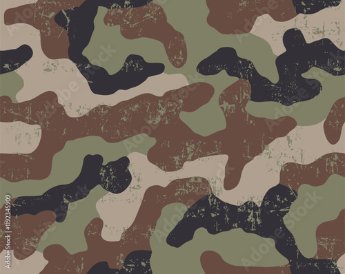 Woodland camouflage seamless pattern. The pattern includes four shades of green, black, brown and beige to help blend into natural surroundings. For military and hunting purposes.