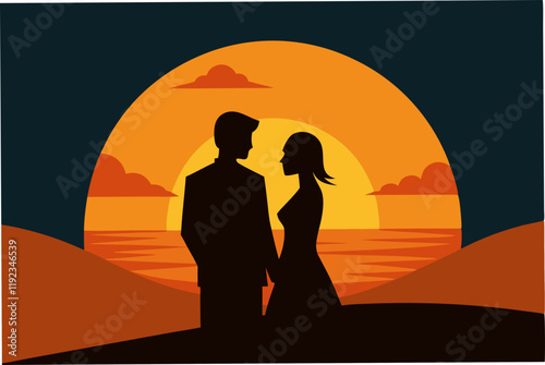 Illustration of a couple sunset silhouette.