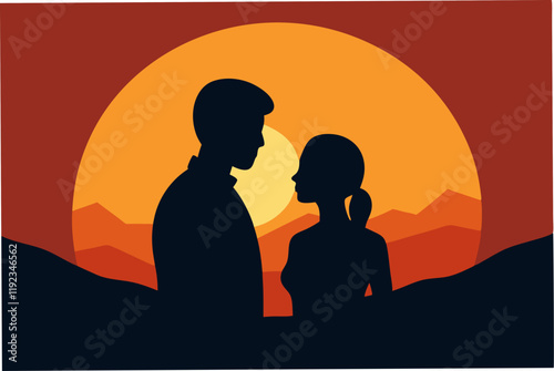 Illustration of a couple sunset silhouette.