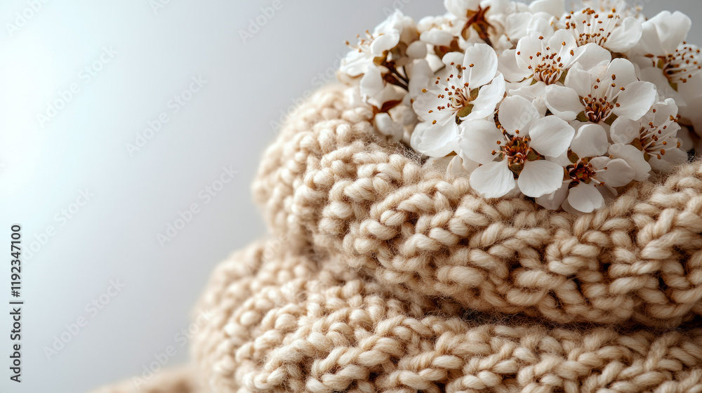 Fototapeta premium Beige Knitwear with Delicate White Blossoms: A Springtime Still Life