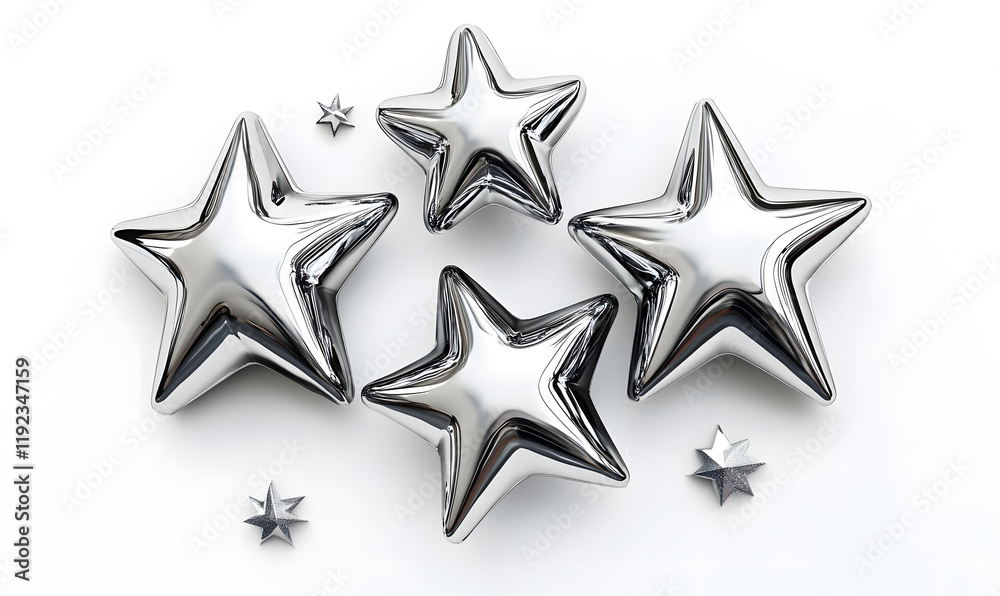 Fototapeta premium 3d chrome stars white background, Generative AI