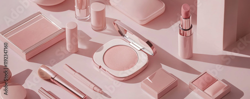 flat lay of makeup products and cosmetics in soft pastel colors, showcasing various items like blush, lipstick, and brushes, creating serene and stylish aesthetic