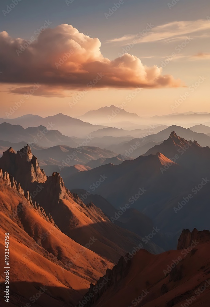Naklejka premium Majestic Mountain Range Sunset Dramatic Cloud Landscape