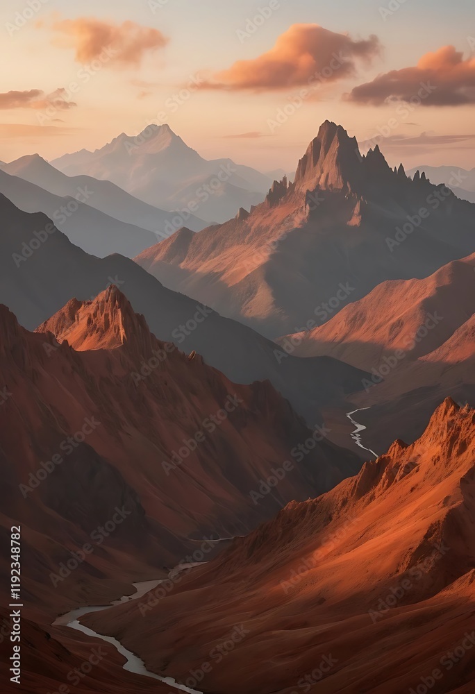 Fototapeta premium Majestic Mountain Range Sunset Landscape River Valley