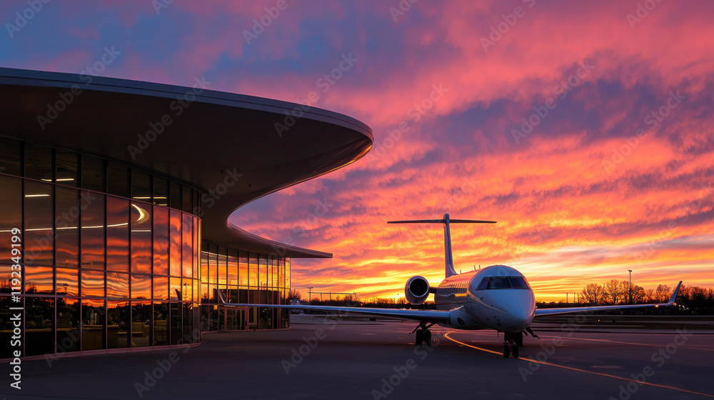 tranquil airport scene at sunset with plane and modern architecture
