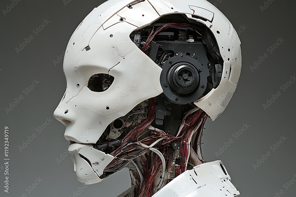 Close-up profile view of a realistic humanoid robot head showcasing intricate mechanical details Close-up profile view of a realistic humanoid robot head showcasing intricate mechanical details