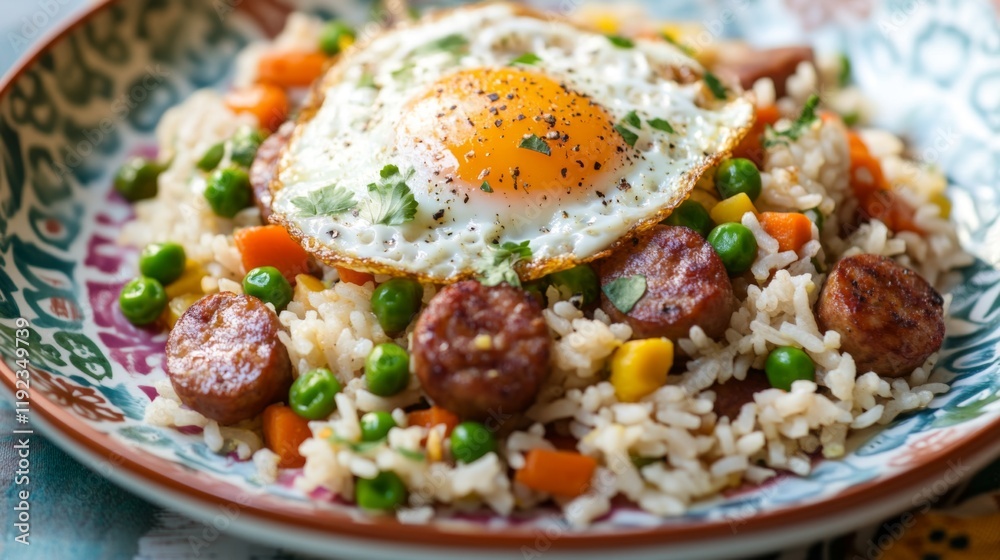 A plate of American fried rice with diced sausages, peas, and carrots, topped with a fried egg, sitting on a vibrant ceramic plate with soft lighting