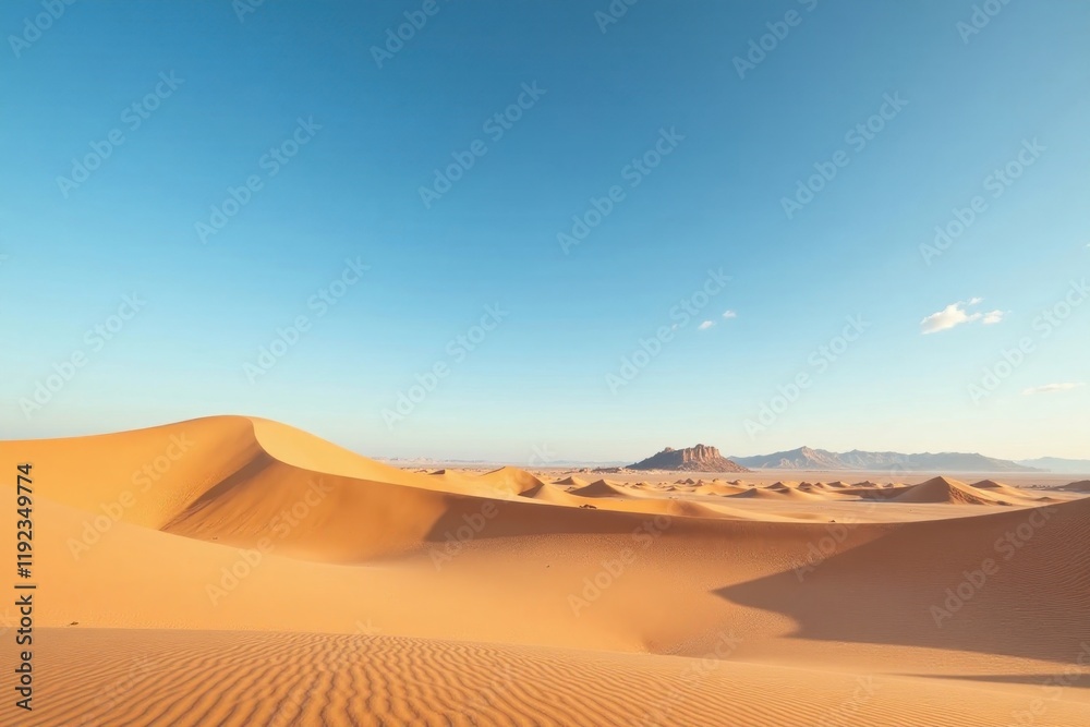 Vast expanse of sun-kissed sand dunes stretching to distant, rocky mountains under a clear, azure sky Vast expanse of sun-kissed sand dunes stretching to distant, rocky mountains under a clear, azure sky