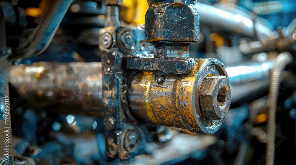 Close-up of Industrial Machine Component: Detailed View of Metal Parts and Engineering Mechanisms Close-up of Industrial Machine Component: Detailed View of Metal Parts and Engineering Mechanisms